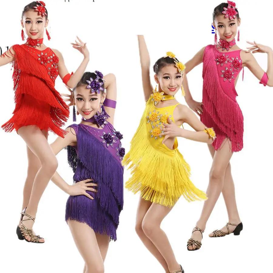 여아용 스팽글 술 라틴 댄스 경연 대회 드레스, 파티 무대 의상, 현대 볼룸 댄스 드레스, 어린이 댄스웨어 의상